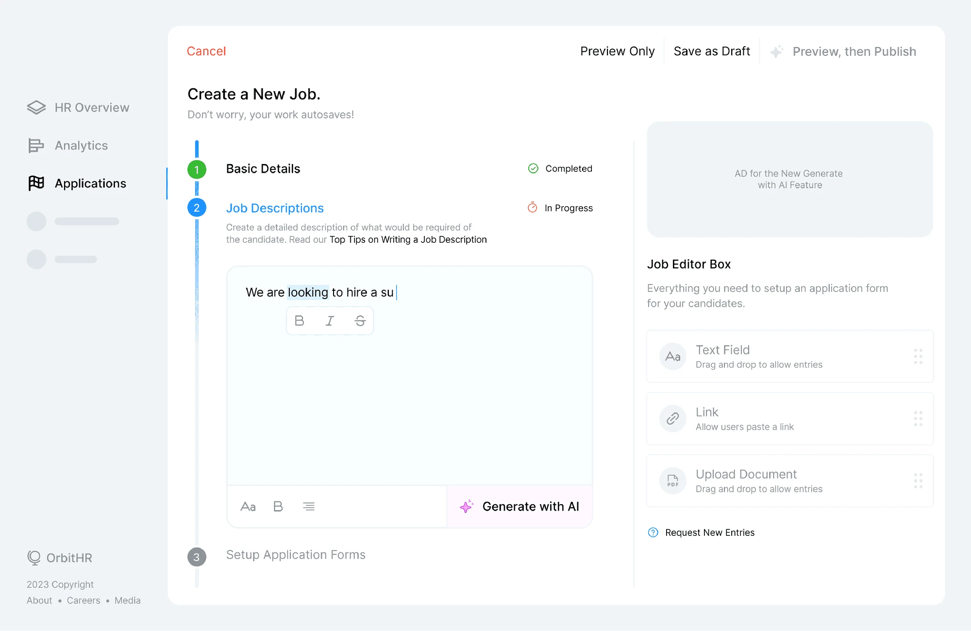 OrbitHR • Create a new job flow 1/3