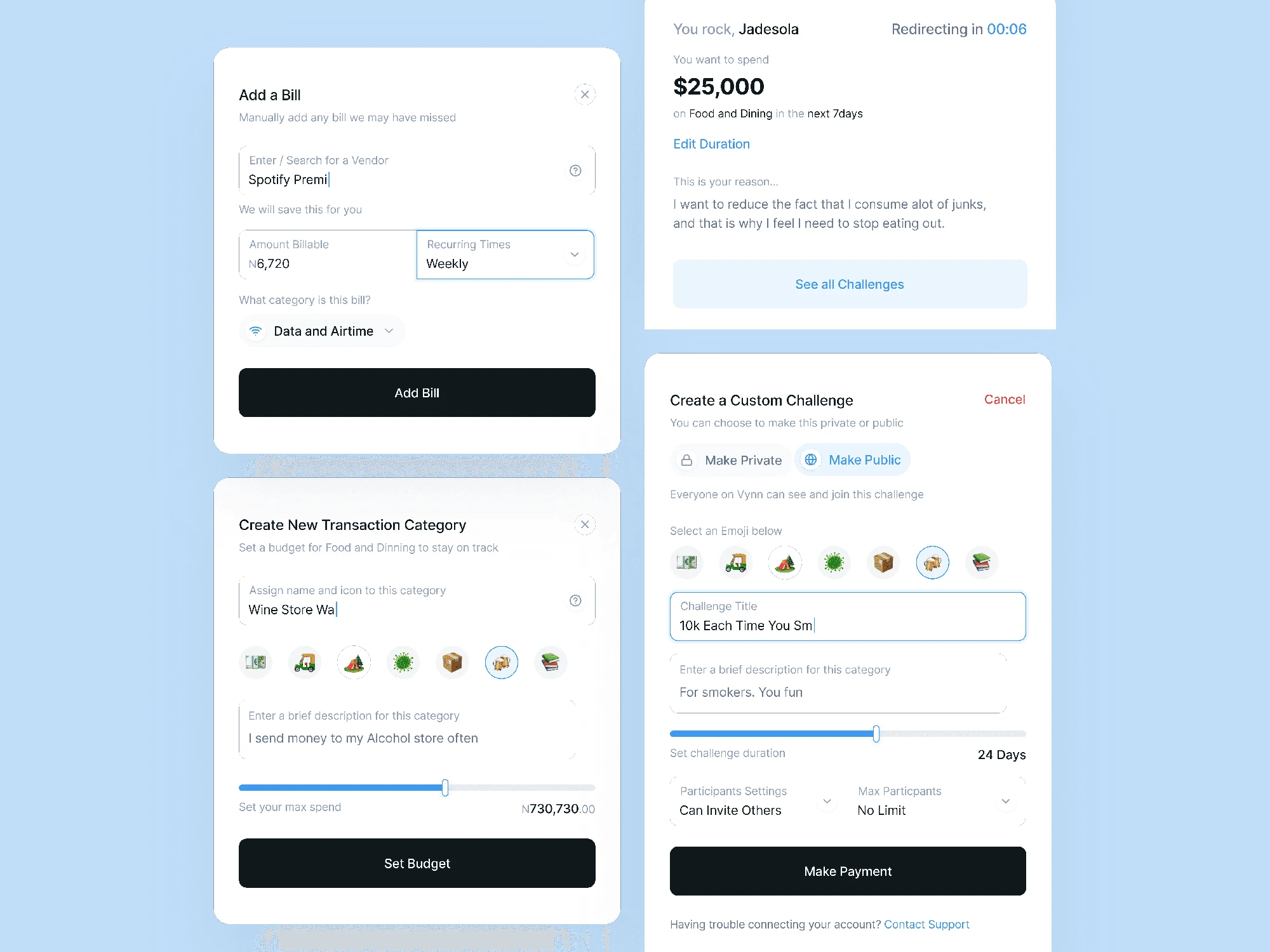 Vynn • Modals for adding a bill, creating a transaction category, etc