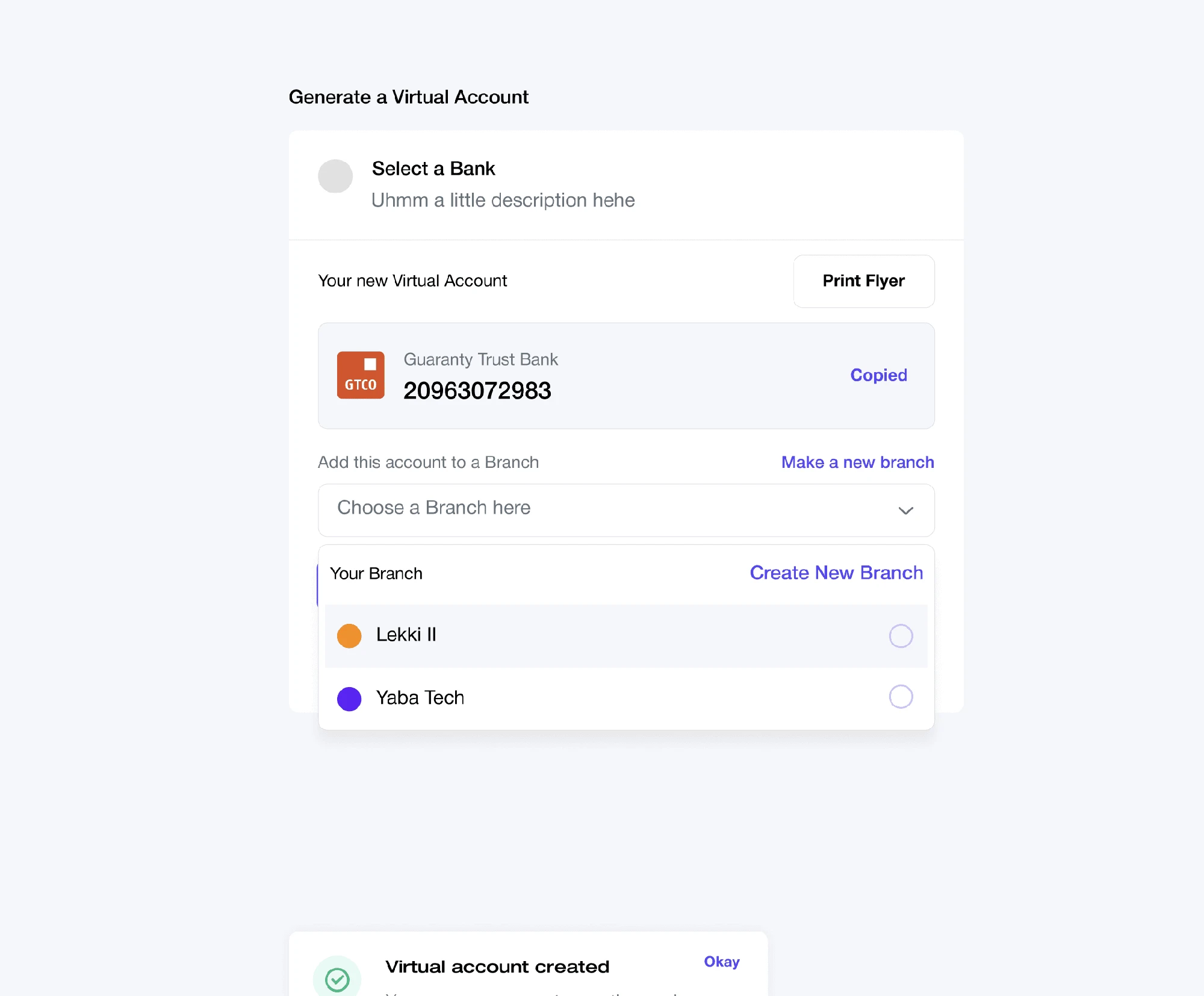 Bani • Modal experience for generating a virtual account and assigning it to a business branch