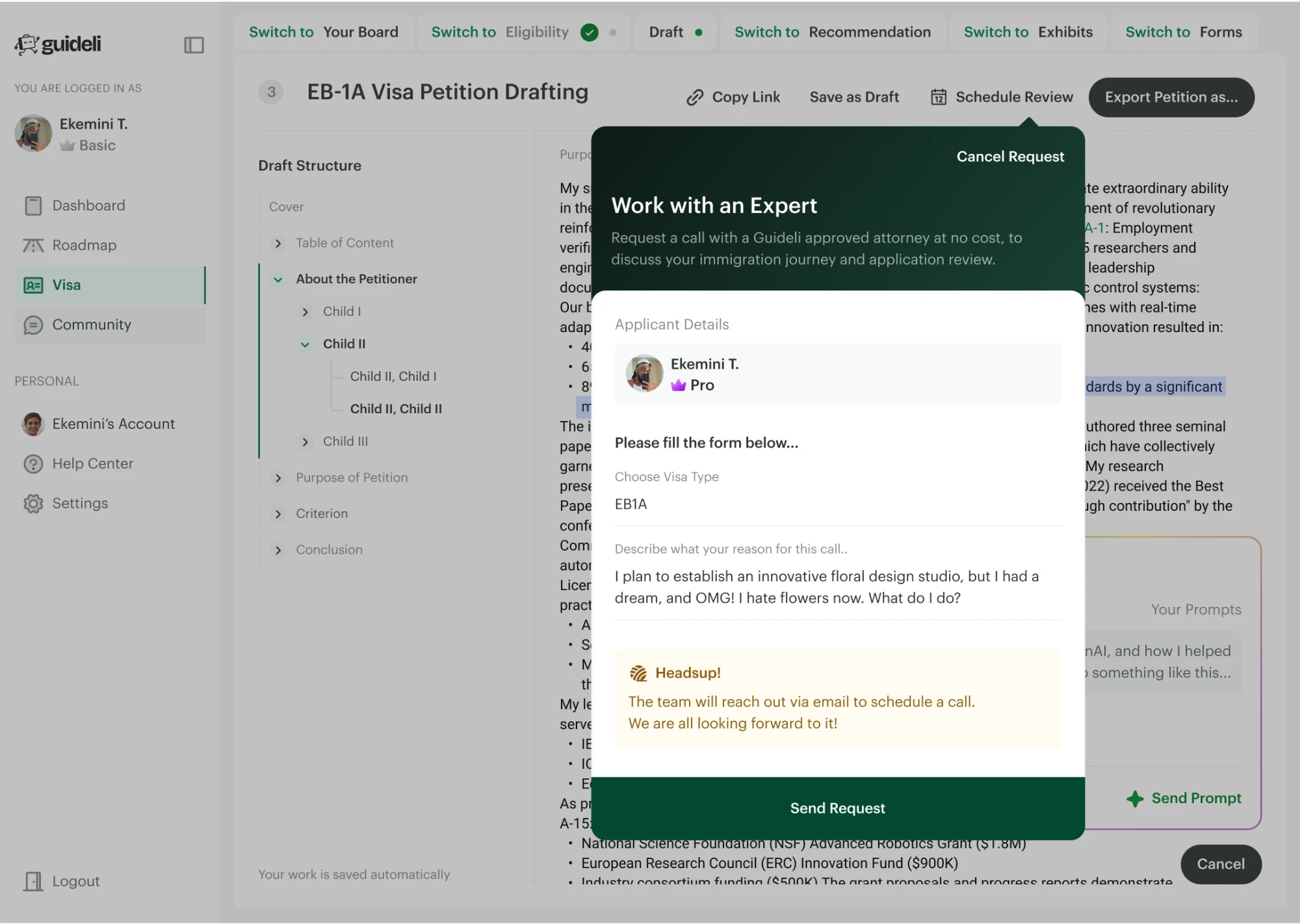 Guideli: request a call with an approved attorney, with heads-up note